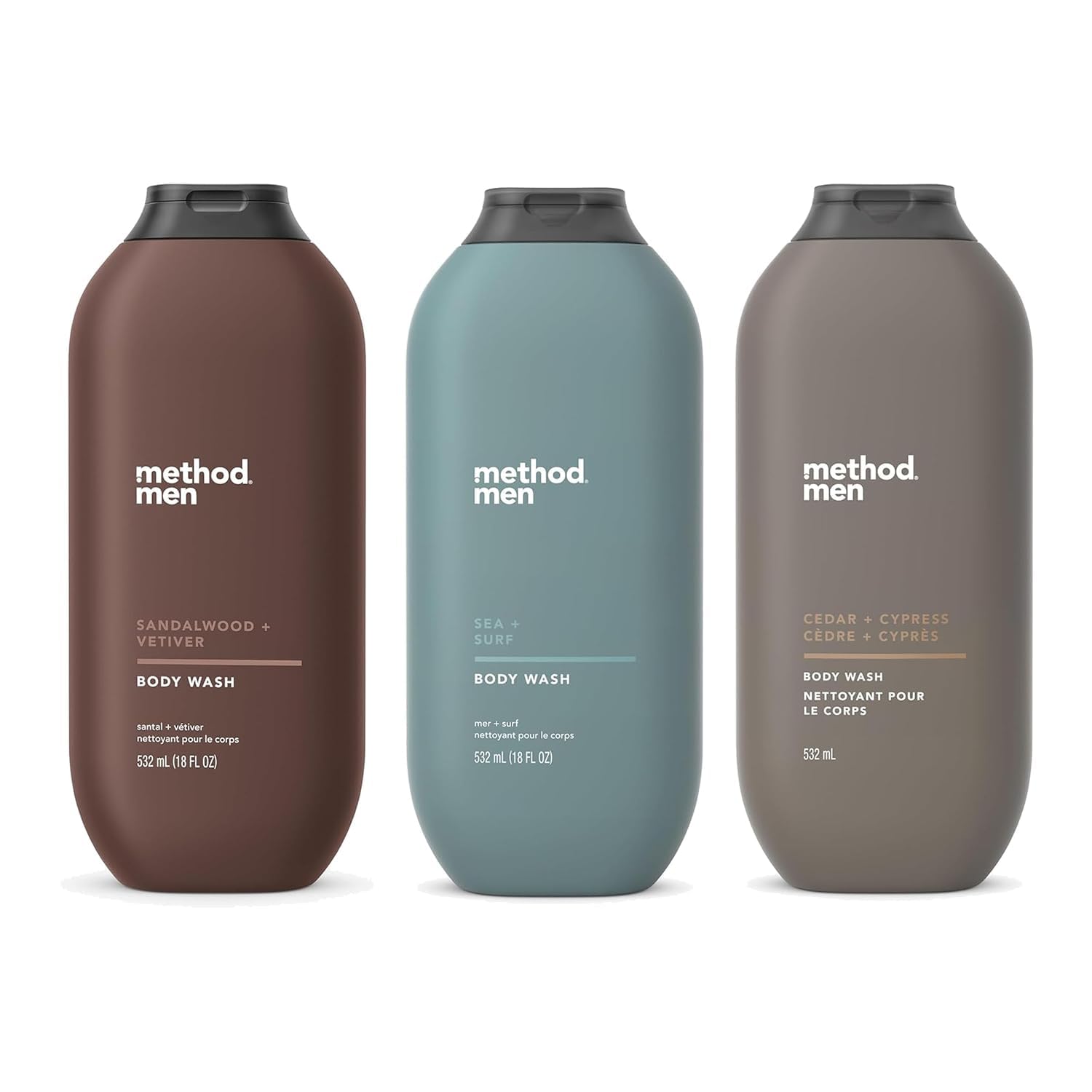 Method Men Body Wash Variety Pack - 3 Scents - Sandalwood + Vetive, Sea + Surf, Cedar + Cypress - 18 fl oz Each