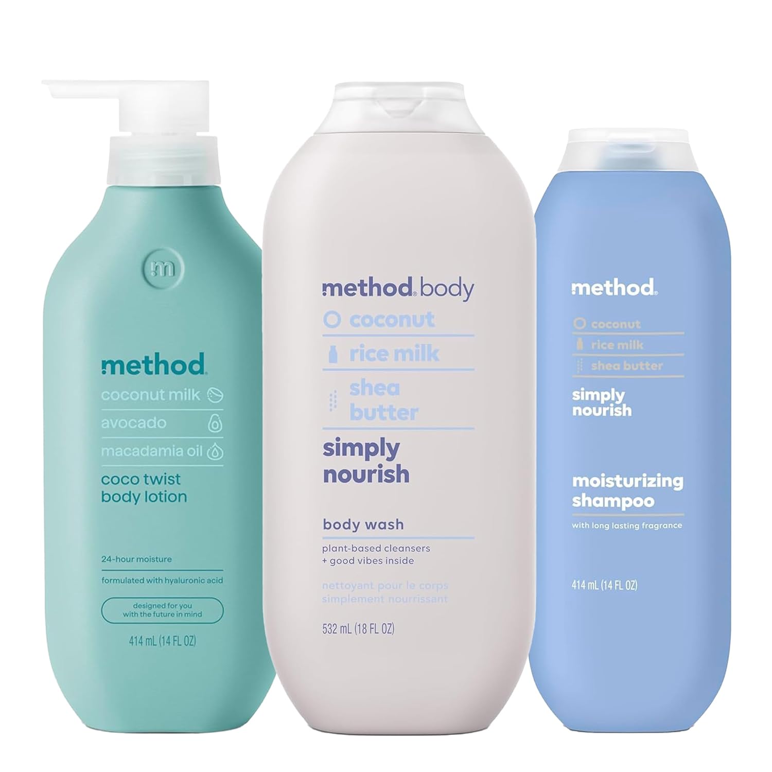 Bundle of Method Simply Nourish Body Wash, 18 oz (Pack of 1) + Method Coco Twist Body Lotion, 14 oz (Pack of 1) + Method Simply Nourish Moisturizing Shampoo, 14 oz (Pack of 1)