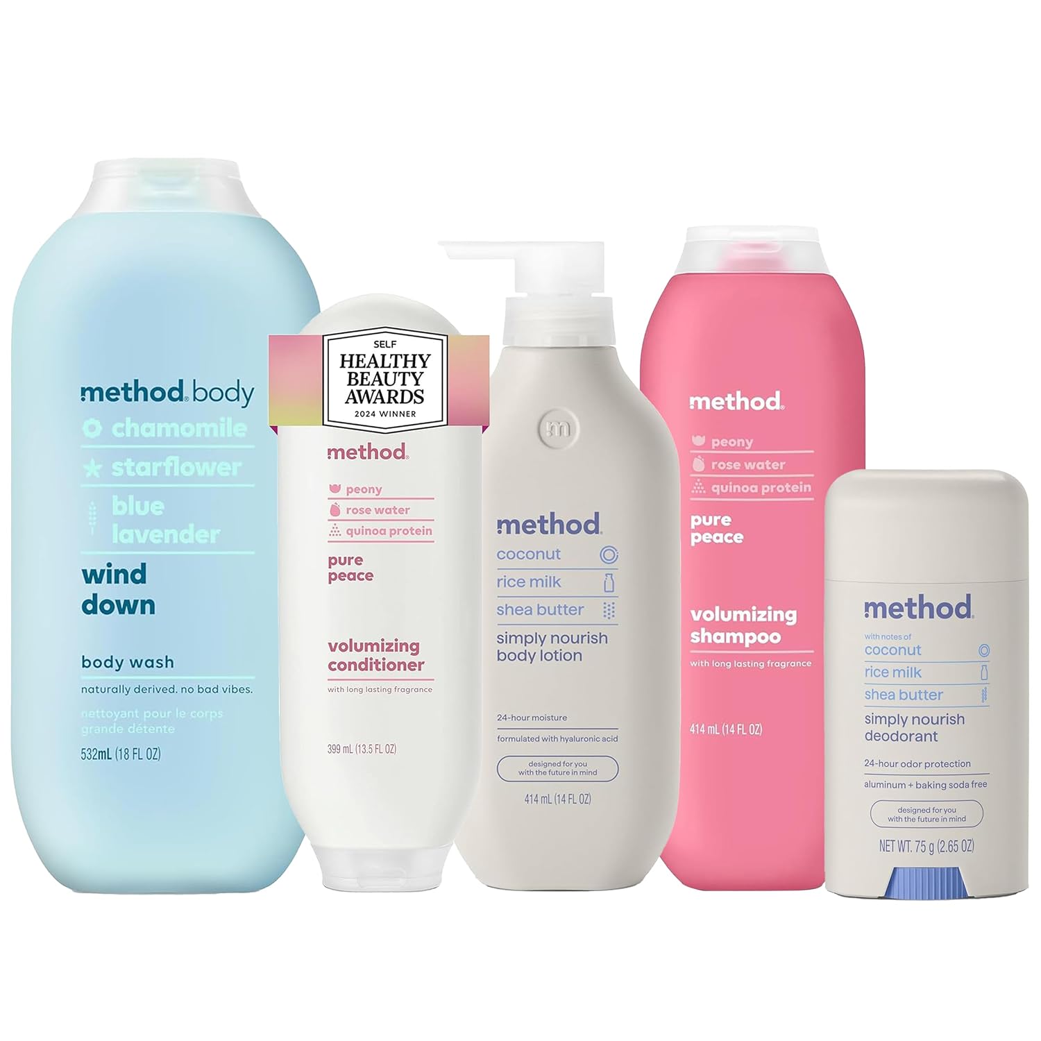 Bundle of Method Wind Down Body Wash, 18 oz + Pure Peace Shampoo, 14 oz + Pure Peace Conditioner, 13.5 oz + Simply Nourish Body Lotion, 14 oz + Simply Nourish Deodorant, 2.65 oz