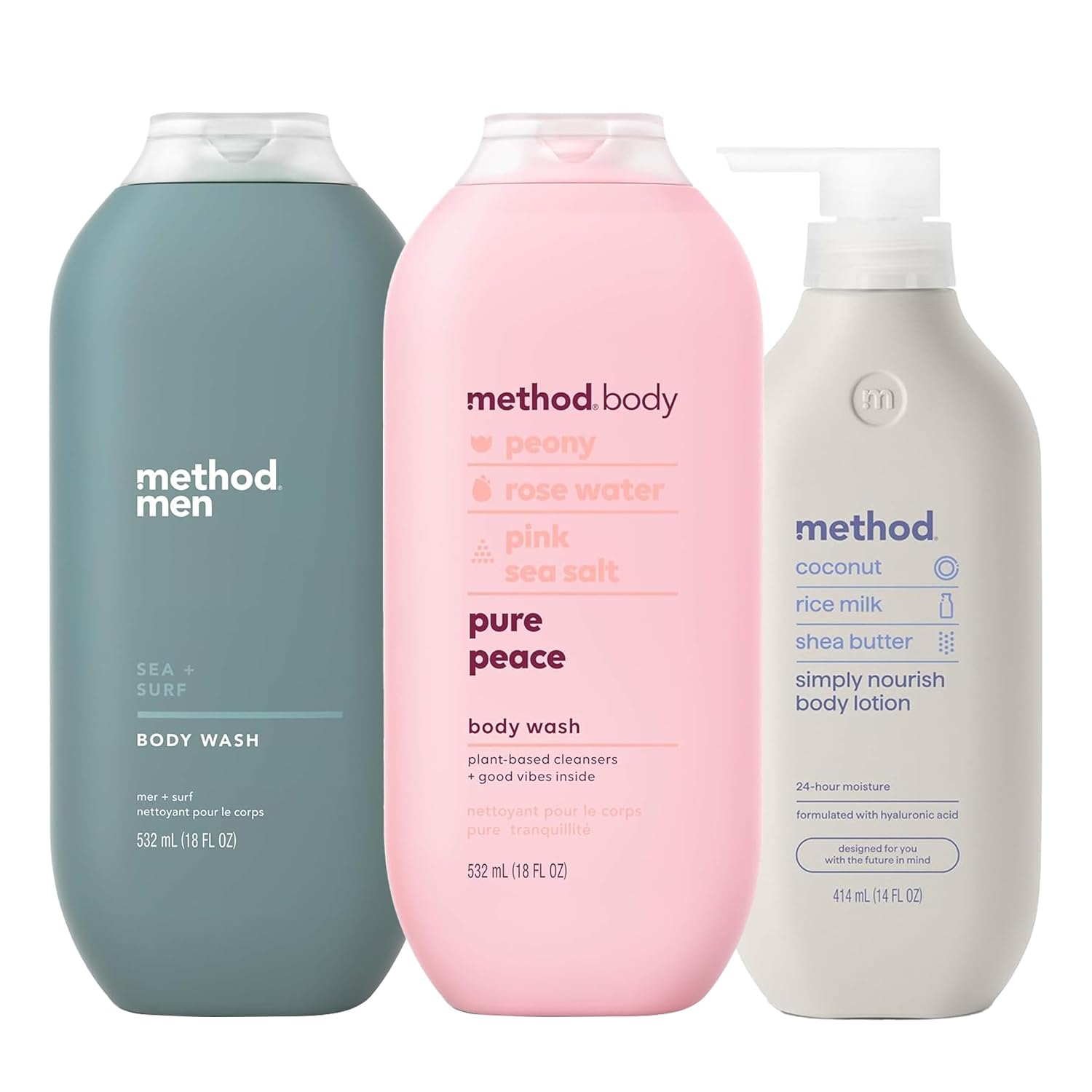 Bundle of Method Sea + Surf Body Wash, 18 oz (Pack of 1) + Method Pure Peace Body Wash, 18 oz (Pack of 1) + Method Simply Nourish Body Lotion, 14 oz (Pack of 1)