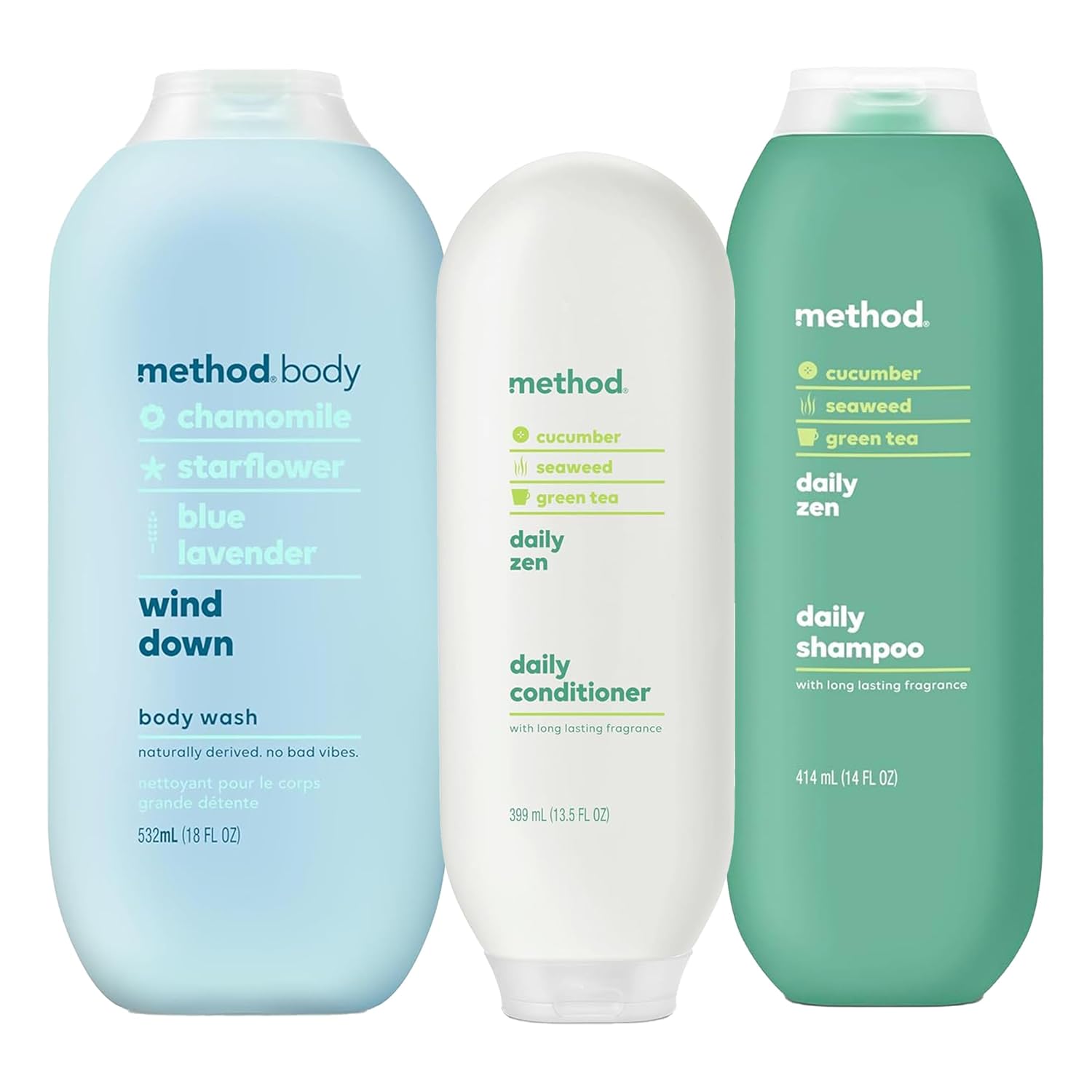 Bundle of Method Wind Down Body Wash, 18 oz (Pack of 1) + Method Daily Zen Everyday Shampoo, 14 oz (Pack of 1) + Method Daily Zen Everyday Conditioner, 13.5 oz (Pack of 1)