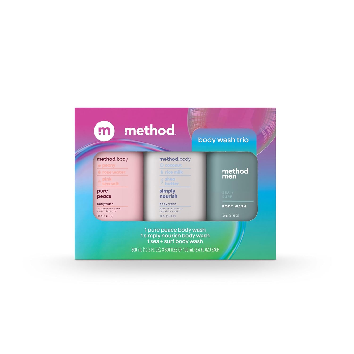 method Body Wash Gift Set, Pure Peace, Simply Nourish, Sea + Surf, 3.4 oz