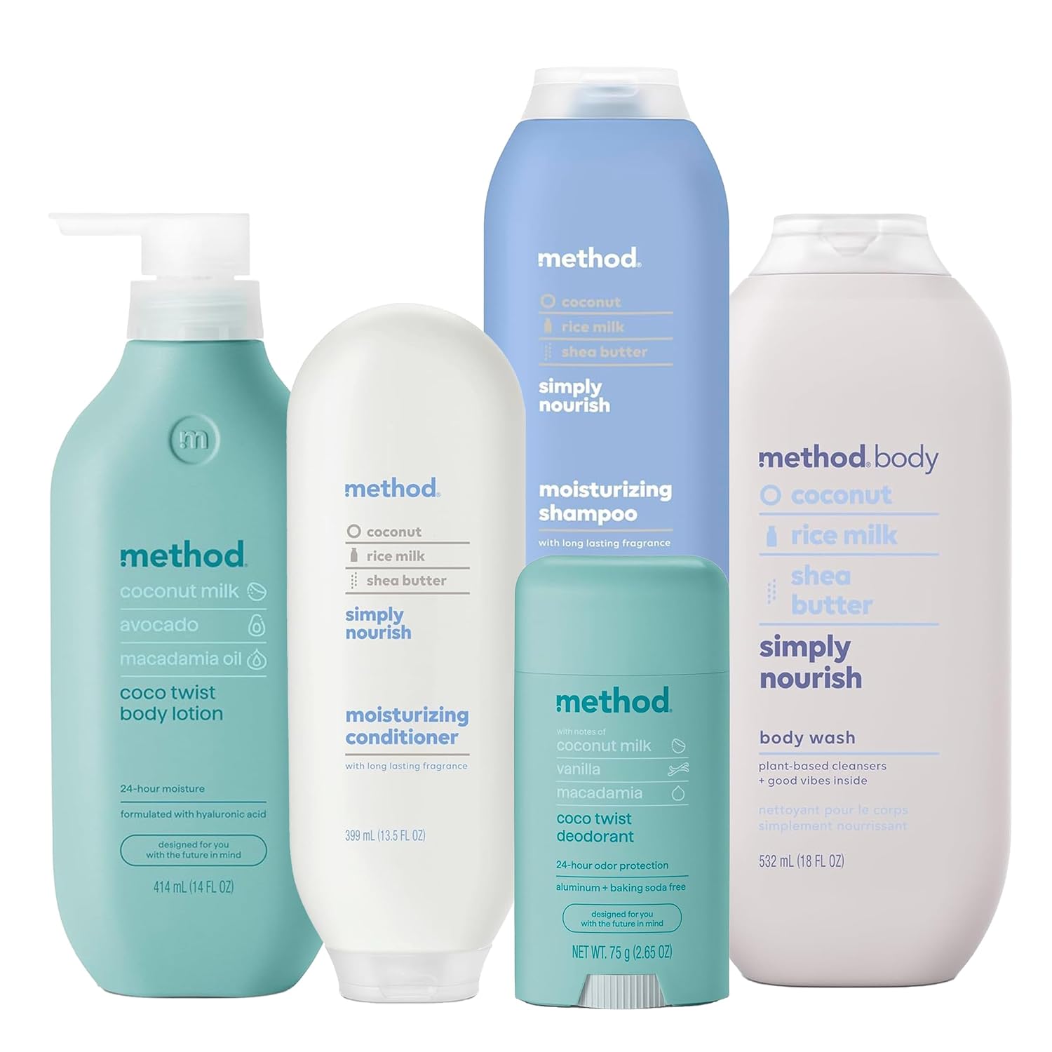 Bundle of Method Simply Nourish Body Wash, 18 oz + Coco Twist Body Lotion, 14 oz + Simply Nourish Shampoo, 14 oz + Simply Nourish Conditioner, 13.5 oz + Coco Twist Deodorant, 2.65 oz