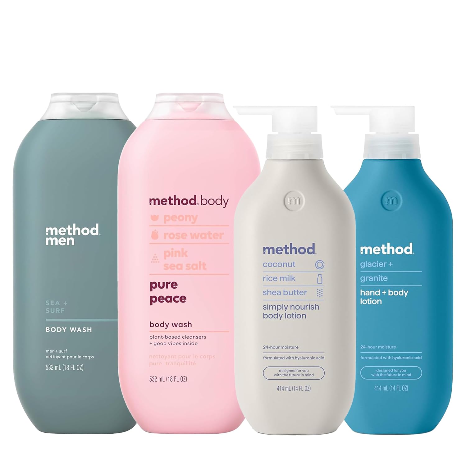 Bundle of Method Sea + Surf Body Wash, 18 oz (Pack of 1) + Pure Peace Body Wash, 18 oz (Pack of 1) + Simply Nourish Body Lotion, 14 oz (Pack of 1) + Glacier + Granite Body Lotion, 14 oz (Pack of 1)