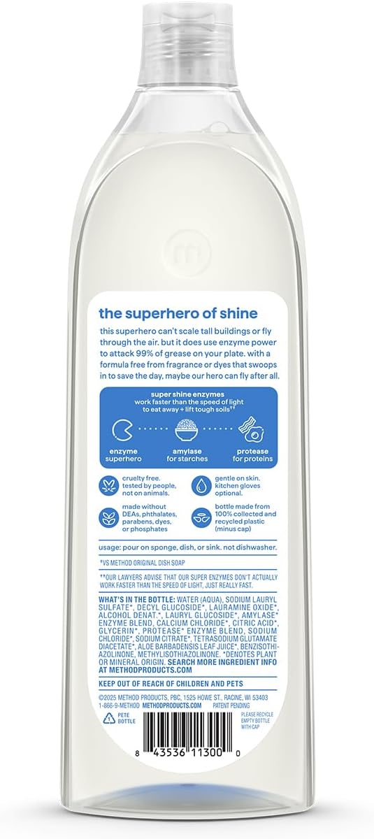 method Super Shine Liquid Dish Soap, Free + Clear, Unscented, 16 fl oz
