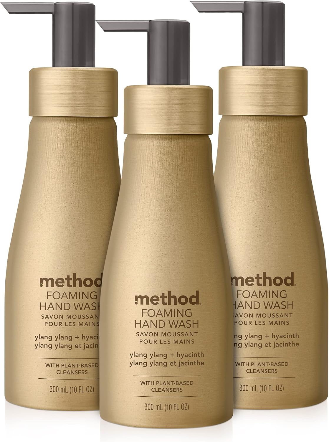 Method Premium Foaming Hand Wash, Ylang Ylang + Hyacinth, Reusable Gold Aluminum Bottle, 10 fl oz (Pack of 3)