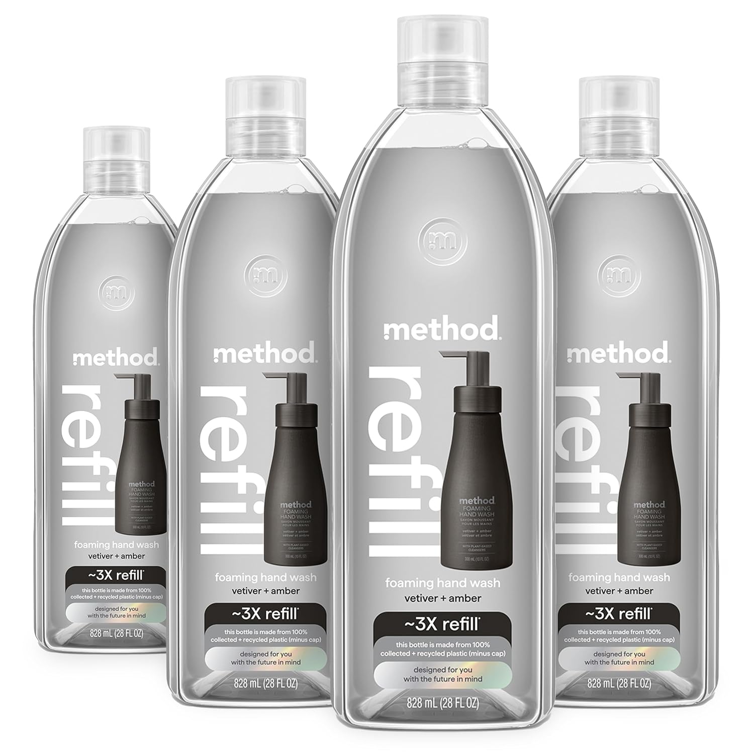 Method Premium Foaming Hand Wash Refill, Vetiver + Amber, Recyclable Bottles, 28 fl oz (Pack of 4) (Packaging May Vary)