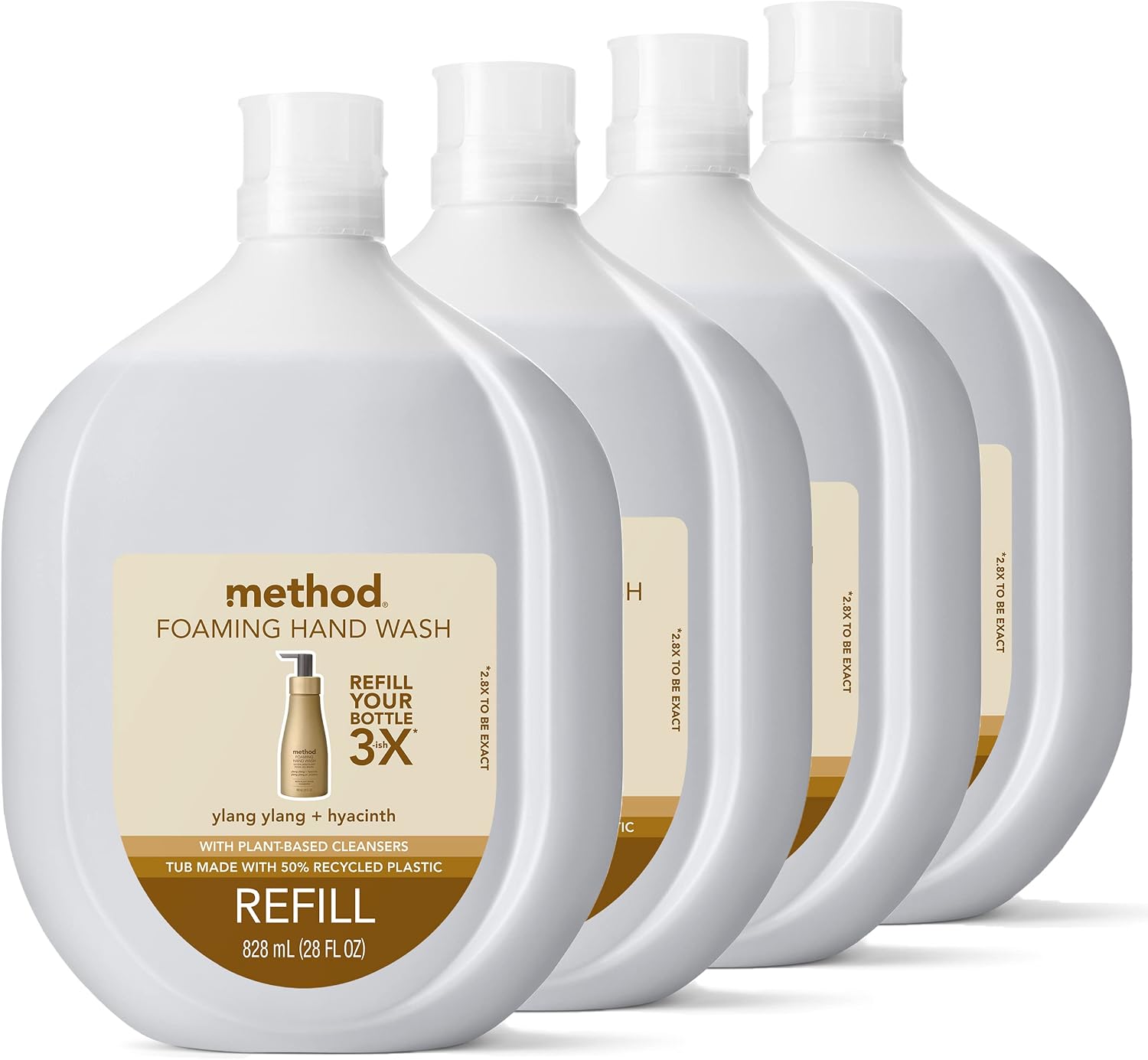 Method Premium Foaming Hand Wash Refill, Ylang Ylang + Hyacinth, Recyclable Bottles, 28 fl oz (Pack of 4)
