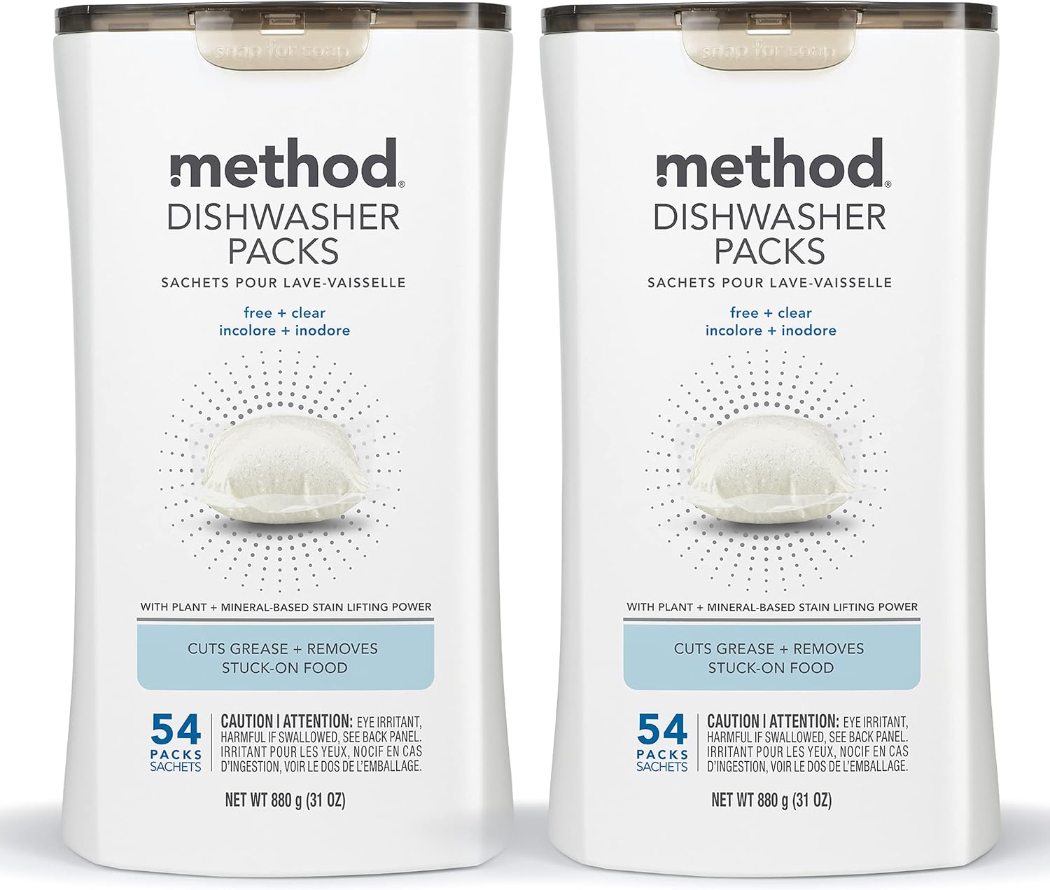 method Dishwasher Detergent Packs, Fragrance Free + Clear, 108 Tabs, 2 Pack