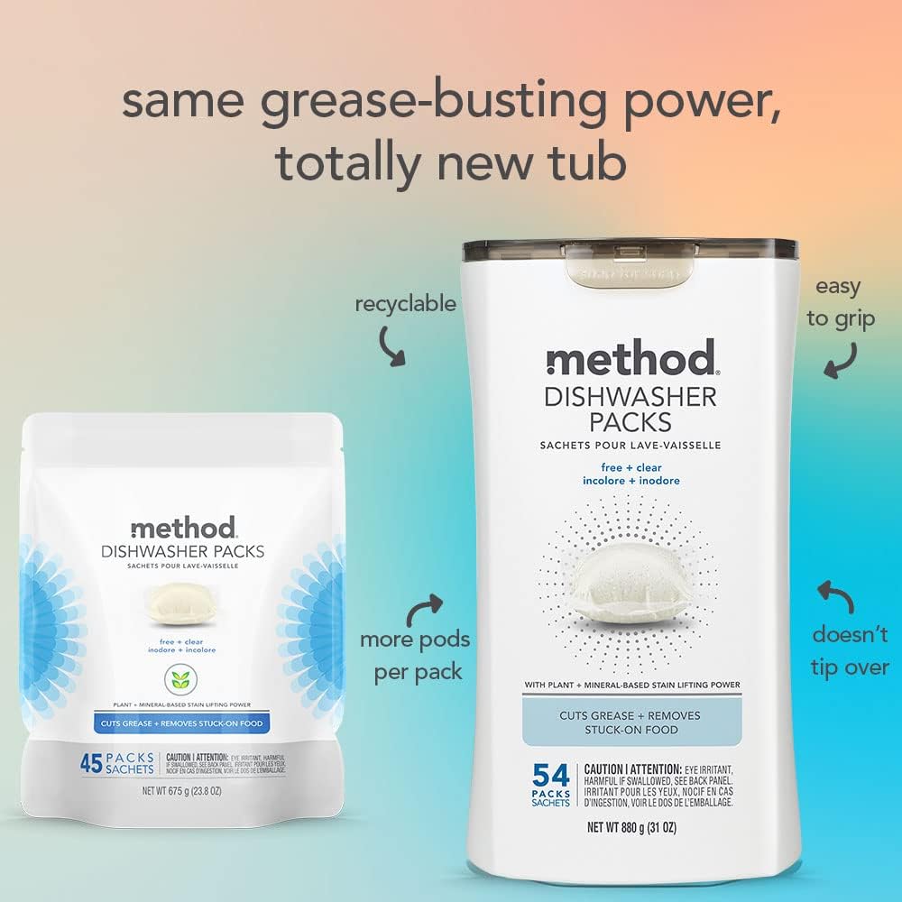 method Dishwasher Detergent Packs, Fragrance Free + Clear, 108 Tabs, 2 Pack