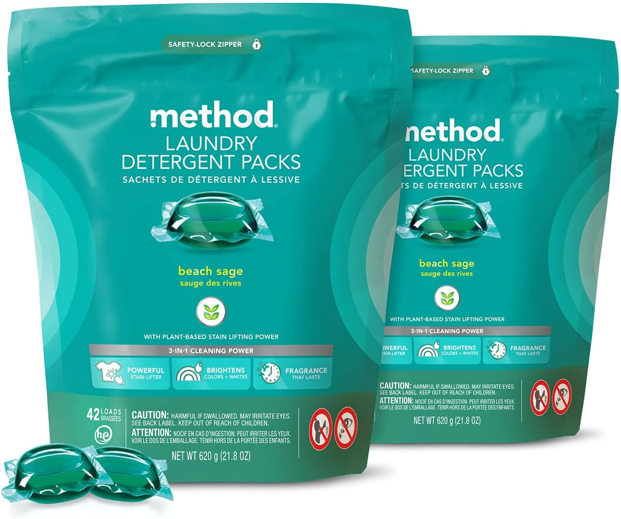 Method Laundry Detergent Packs; Beach Sage Scent; Hypoallergenic Formula Stain Remover Solution that Works in Hot & Cold Water; 42 Packs per Bag; 2 Pack (84 Loads); Packaging May Vary