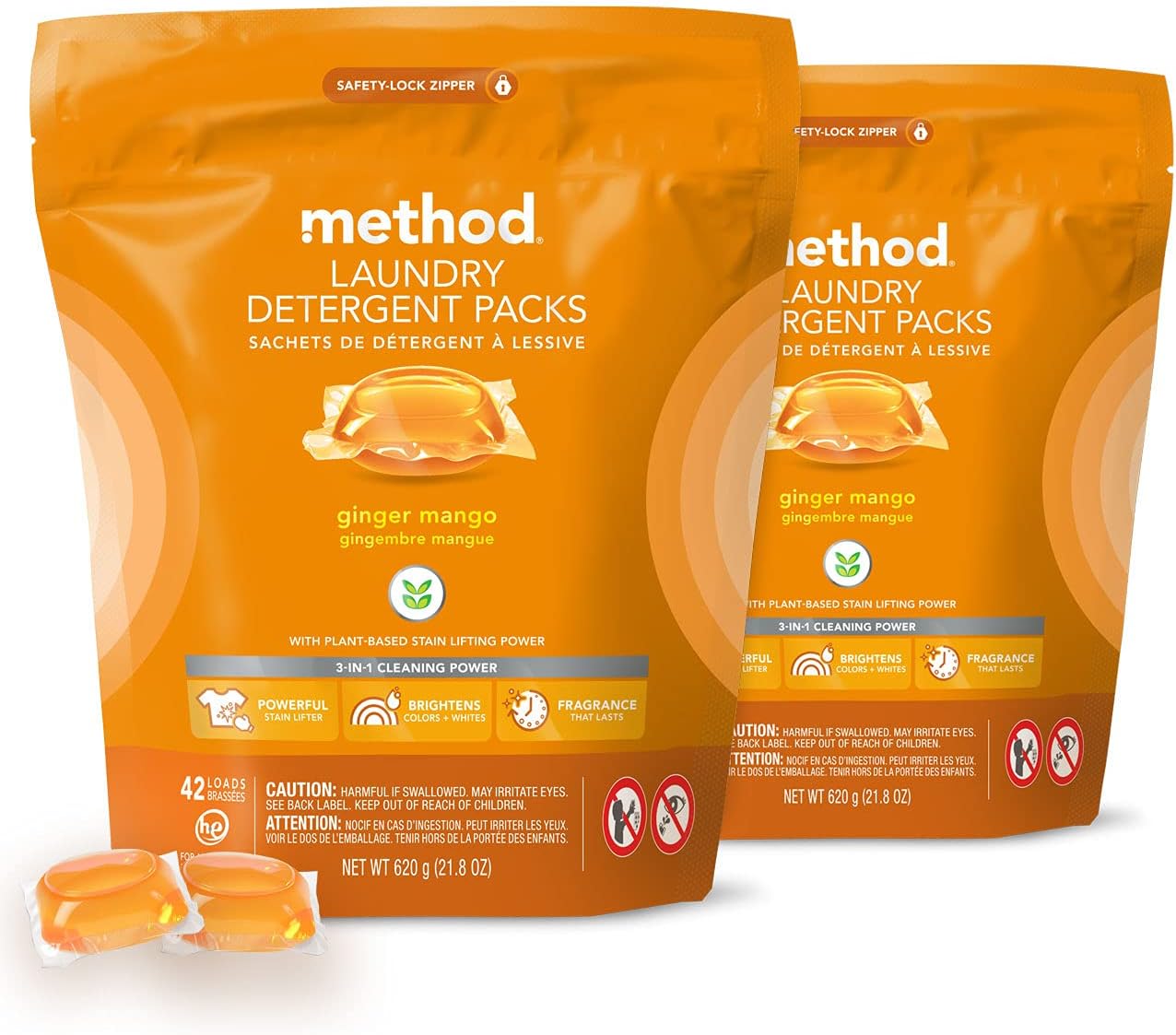 Method Laundry Detergent Packs; Ginger Mango Scent; Stain Remover Solution that Works in Hot & Cold Water; 42 Packs per Bag; 2 Pack (84 Loads); Packaging May Vary