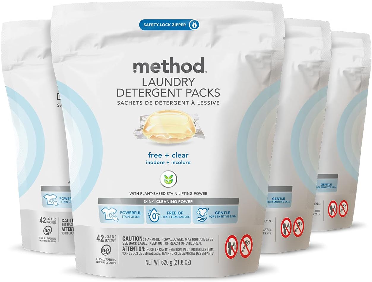 Method Laundry Detergent Packs; Fragrance Free + Clear; Stain Remover that Works in Hot & Cold Water; 42 Packs per Bag; 4 Pack (168 Loads); Packaging May Vary