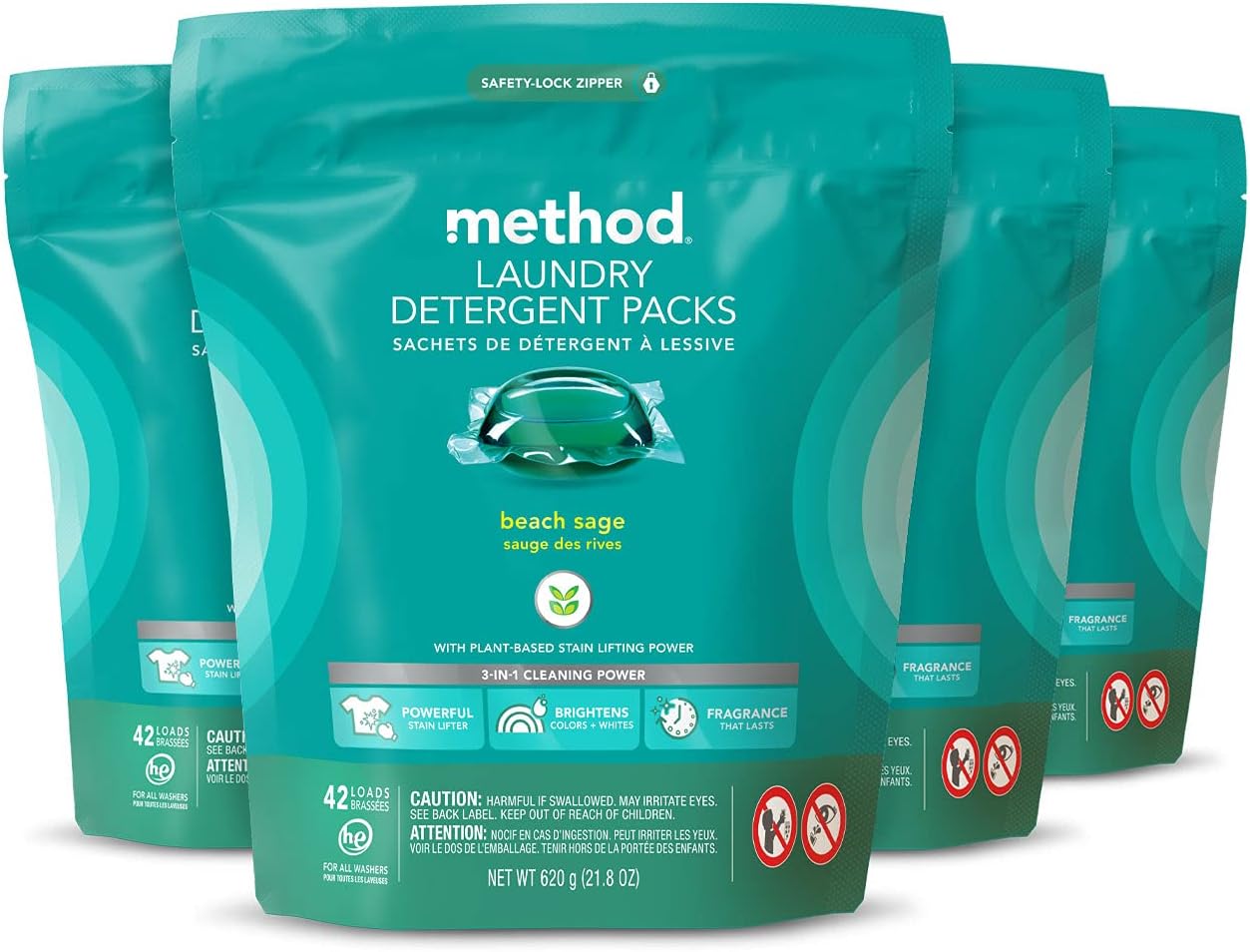 Method Laundry Detergent Packs; Beach Sage Scent; Stain Remover Solution that Works in Hot & Cold Water; 42 Packs per Bag; 4 Pack (168 Loads); Packaging May Vary