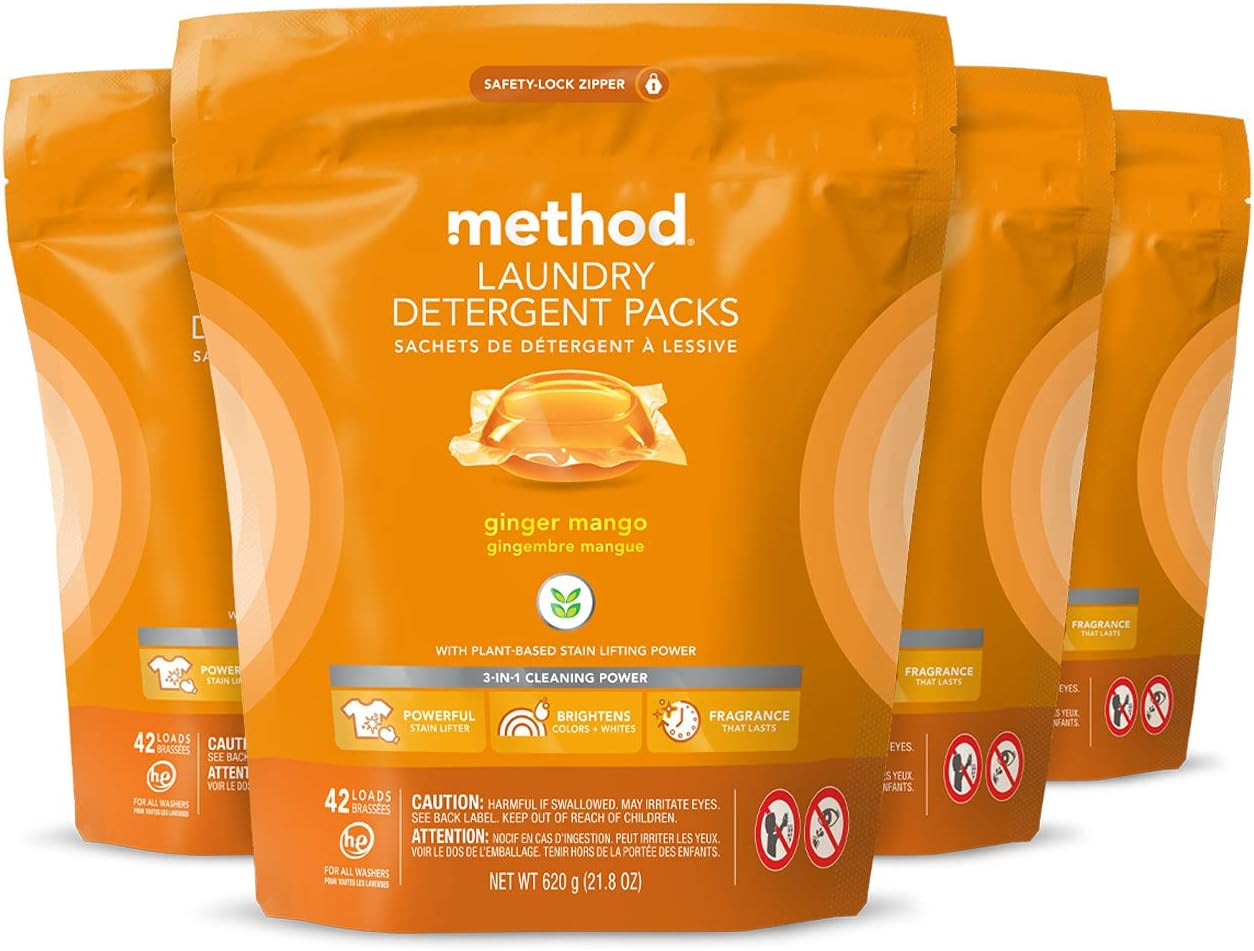 Method Laundry Detergent Packs; Ginger Mango Scent; Stain Remover Solution that Works in Hot & Cold Water; 42 Packs per Bag; 4 Pack (168 Loads); Packaging May Vary