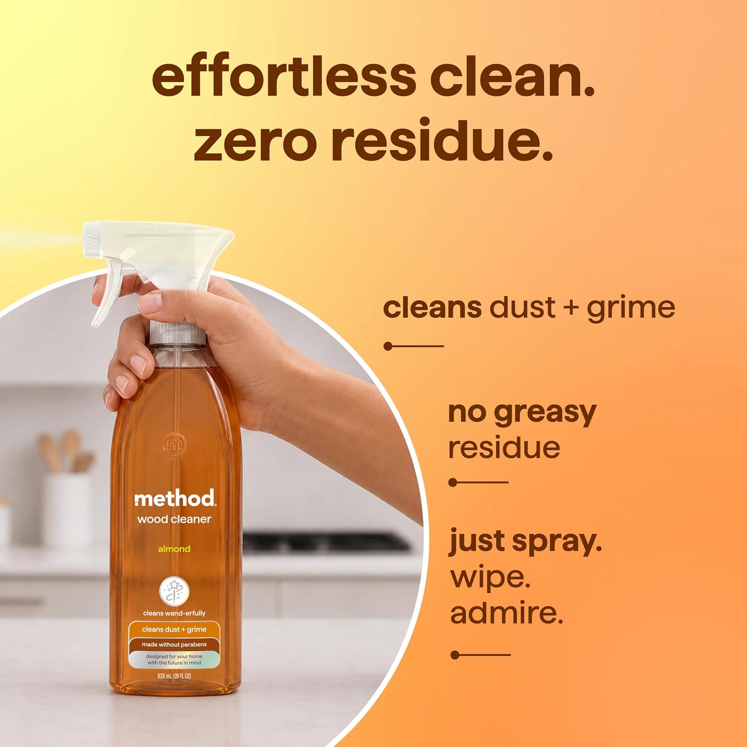 method Daily Wood Cleaner, Almond, 28 fl oz, 8 Pack